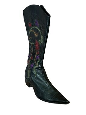 Vintage Floral Embroidered Leather Point Toe Long Cowboy Boot with Zipper